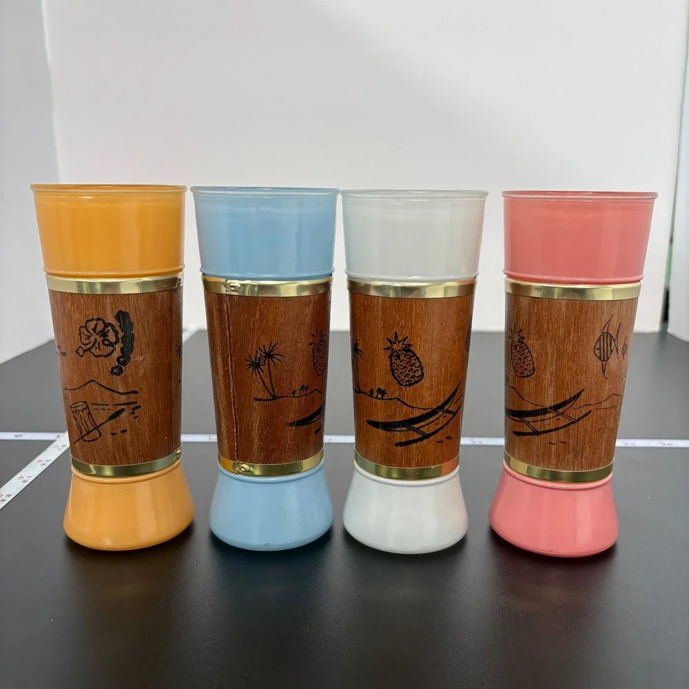 Vintage Siesta Ware Tiki Tumblers 6.5in Multi Color Genuine Mahogany Wood Set 4